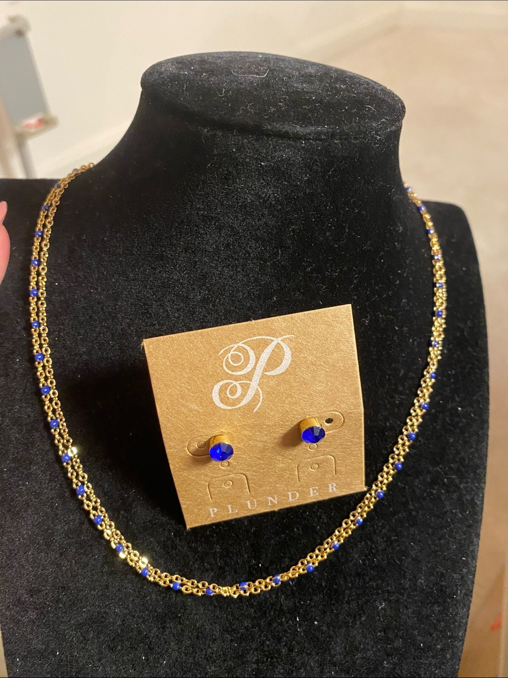 Plunder Gold Tone Necklace and Royal Blue Accent Studs